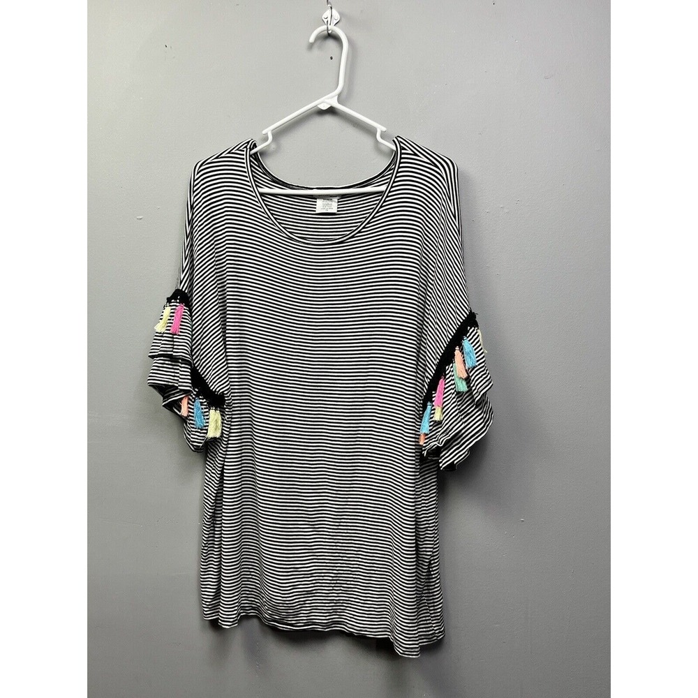 Isela‎ Blouse Womens 1X Stripe Bell Sleeve Rainbow Colors Tassels Scoop Neck